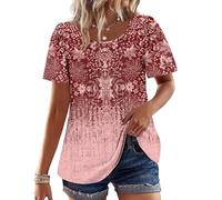 WIHOLL Ladies Summer Tops for Womens T Shirts Crew Neck Short Sleeve Tshirts Button Pleated Tee Size 14-16 Pink Baroque