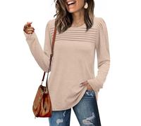 WIHOLL Long Sleeve Tops Sweatshirts for Women uk Ladies Blouses Pleated Jumpers Crew Neck Puff Sleeve Tunic Top Size 14-16 Beige