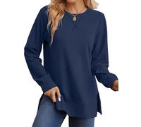 WIHOLL Sweatshirts for Women Oversized Jumpers Ladies Long Sleeve Tops Crewneck Tunic Side Split Blue 2XL