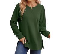 WIHOLL Sweatshirts for Women Oversized Jumpers Ladies Long Sleeve Tops Crewneck Tunic Side Split Green L