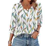 WIHOLL Tops for Women 3/4 Length Sleeve V Neck Casual Tunic Ladies Tops Basic Shirts Loose Fit Blouse Colorful Leaf Size 26-28