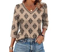 WIHOLL Tops for Women 3/4 Length Sleeve V Neck Casual Tunic Ladies Tops Basic Shirts Loose Fit Blouse Khaki National Flower Size 22-24
