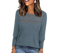 WIHOLL Women Jumpers Long Sleeve Tops Womens Lace Blouse Trendy Waffle Knit Jumpers Dressy Casual Blue Size 10-12 M