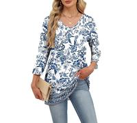 WIHOLL Womens 3/4 Sleeve Tops Ladies Blouse V Neck Tunic Long Sleeve T Shirts Office Wear Blue Plus Size 22-24 for UK