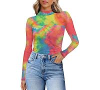 WIHOLL Women's Sheer Tops Mesh Blouses Mock Turtle Neck Long Sleeve Tops Mesh Ruched Sexy Lace Shirts Womens Tops Gradient Color,L