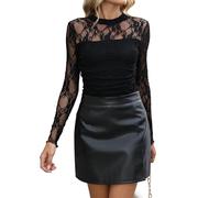 WIHOLL Women's Sheer Tops Mesh Blouses Mock Turtle Neck Long Sleeve Tops Mesh Ruched Sexy Lace Shirts Womens Tops Black Lace,L