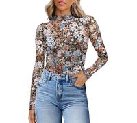 WIHOLL Women's Sheer Tops Mesh Blouses Mock Turtle Neck Long Sleeve Tops Mesh Ruched Sexy Lace Shirts Womens Tops Flower Print,XXL