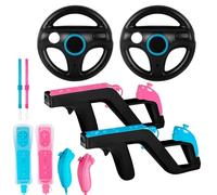 Wii U Deluxe Gaming Set - 2 Pack Black Steering Wheels and Wii Zapper Light Guns + 2 Motion Plus Wireless Controllers with Nunchucks + 2 Silicone Cases & Wrist Straps, Compatible with Nintendo Wii