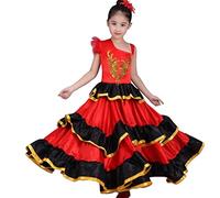 WIINXX Girl Belly Dance Skirt Spanish Bullfighting Dance Skirt Girl Long Red Flamenco Dress Ballroom Skirt for Girls Dance Dresses Costumes,360°,150