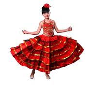 WIINXX Girl Kids Flamenco Skirts Spanish Dance For Girl Dancer Fancy Dress Costume Big Swing Skirt Suitable for Stage Performance Clothing Costumes,360°,M