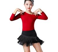 WIINXX Girls Latin Dance Skirt Ballroom Salsa Tango competition Skirts Child tassel Latin Dance Split Dress with Leotard And Skirt,Black,150