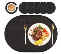 wiipara Round Woven Placemats Set of 6 Heat Resistant Round Braided Table Mats, 34 cm Washable Placemats and Coaster Sets for Dining/Kitchen Table, Party, Wedding, Black