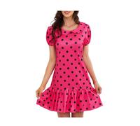 WIIQFD Halloween Women Sally Brown Polka Dot Pink Costume Puff Short Sleeve Cosplay Party Dress XS