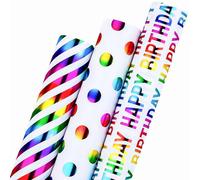 Wikadlik Birthday Wrapping Paper, 3 Mini Rolls Foil Colorful Rainbow Gift Wrap Paper,Stripes/Polka Dots/Happy Birthday Letterings Design - 43.5cm x 3m Per Roll