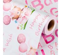 Wikadlik Birthday Wrapping Paper, 43cm x 10m Cute Pink Bear Balloon Themed Happy Birthday Lettering Gift Wrap Paper for Baby Girl