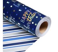 Wikadlik Birthday Wrapping Paper, Blue Happy Birthday Lettering Cute Dots Stripes Gift Wrap Paper Roll for Party Celebration Fathers Day - 43cm x 10m