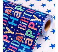 Wikadlik Birthday Wrapping Paper Roll - 43cm x 10m Colorful Happy Birthday Lettering and Star Blue Gift Wrap Paper