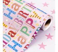 Wikadlik Birthday Wrapping Paper Roll - 43cm x 10m Colorful Happy Birthday Lettering and Star Pink Gift Wrap Paper