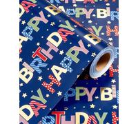 Wikadlik Birthday Wrapping Paper Roll - 43cm x 10m Colorful Happy Birthday Lettering Deep Blue Gift Wrap Paper