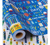 Wikadlik Birthday Wrapping Paper Roll - 43cm x 10m - Dark Blue Happy Birthday Lettering Balloon Cake Pattern Reversible Thick Present Packing Paper