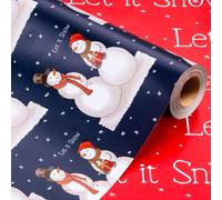 Wikadlik Christmas Wrapping Paper - 43cm x 10m Vintage Snowman Let It Snow Lettering Design Navy Blue and Red Presents Packing Paper