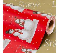 Wikadlik Christmas Wrapping Paper - 43cm x 10m Vintage Snowman Let It Snow Lettering Design Red and Gold Presents Packing Paper