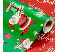 Wikadlik Christmas Wrapping Paper,Green Happy Santa Claus Holding Gift Box Present Wrap Roll for Holiday Festive Celebration - 43cm x 10m