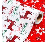 Wikadlik Christmas Wrapping Paper - Mini Roll - Red Reindeer with Plaid Pattern White Gift Wrap for Winter Holiday Festive Celebration DIY Craft - 43cm x 10m