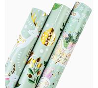 Wikadlik Christmas Wrapping Paper Roll - 3 Mini Rolls - 43.5cm x 3m Per Roll - Cute Reindeer/Gold Christmas Balls/White Snowflake/Sleigh Design Gift Wrap