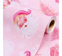 Wikadlik Christmas Wrapping Paper Roll - Cute Laughing Santa Claus and Christmas Tree Design Baby Pink Gift Wrap Paper - 43cm x 10m