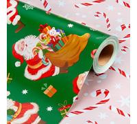 Wikadlik Christmas Wrapping Paper Roll - Happy Santa Claus and Candy Cane Design Green Gift Wrap Paper - 43cm x 10m