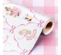 Wikadlik Christmas Wrapping Paper Roll - Nutcracker Ballet Bow and Plaid Design Cute Pink Gift Wrap Paper - 43cm x 10m