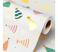 Wikadlik Colorful Birthday Hat Wrapping Paper, 43cm x 10m Gold Foil Party Hat Design Gift Wrap Paper Roll for Birthday Party Celebration