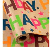 Wikadlik Colorful Birthday Kraft Wrapping Paper - 43cm x 10m - Happy Birthday Lettering Gift Wrap Roll with Grid Cutting Line for Holiday Celebration Party
