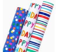 Wikadlik Colorful Birthday Wrapping Paper, 3 Mini Rolls Gift Wrap Paper,Happy Birthday Letterings/Polka Dots/Stripes Design - 43.5cm x 3m Per Roll