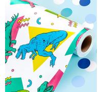 Wikadlik Colorful Dinosaur Wrapping Paper - Reversible Blue Polka Dots Gift Wrap Paper for Kids Boys, Birthday, Baby Shower, New Born - 43cm x 10m