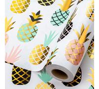 Wikadlik Colorful Pineapple Wrapping Paper, 43cm x 10m Mini Roll Metallic Gold Shine Tropical Fruit Pattern Gift Wrap Paper for Birthday, Summer, Holiday