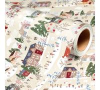 Wikadlik Cozy Winter Village Christmas Wrapping Paper - 43cm x 5m Whimsical Snowy Town with Houses & Ice Skaters Design Gift Wrap for Festive Holiday Celebrations