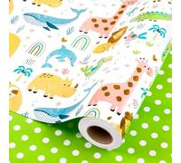 Wikadlik Cute Baby Shower Wrapping Paper Roll - Happy Animal Jungle Party and Green Polka Dots Pattern Gift Wrap Paper for Birthday, Newborn, Boy and Girl - 43cm x 10m