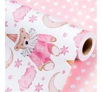 Wikadlik Cute Bear Wrapping Paper - 43cm x 10m Mini Roll - Star Moon Cloud and Polka Dots Pattern Pink Packing Paper for Girl Birthday, Party Celebration