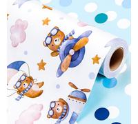 Wikadlik Cute Bear Wrapping Paper - Reversible Spacecraft and Blue Polka Dots Gift Wrap Paper for Kids, Birthday, Baby Shower, New Born - 43cm x 10m