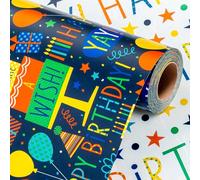 Wikadlik Dark Blue Birthday Wrapping Paper - 43cm x 10m Mini Roll - Colorful Happy Birthday Lettering Gift Wrap Paper for Party Celebration