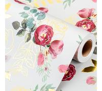 Wikadlik Floral Wrapping Paper, Elegant Metallic Gold Shine Flower Design Reversible Gift Wrap Paper for Birthday, Baby Shower, Wedding, Mother's Day, Bridal Shower Celebration - 43cm x 10m