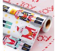 Wikadlik Foil Christmas Wrapping Paper - 43cm x 10m Luxurious Metallic Silver Presents Packing Paper - Elegant Pink Red Nutcracker/Candy Cane Design