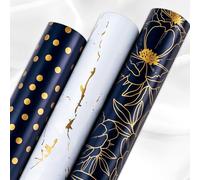Wikadlik Gift Wrapping Paper, 3 Mini Rolls Luxury Navy Blue and Gold Polka Dots/Marble/Flower Design for Birthday, Fathers Day, Christmas - 43.5cm x 3m Per Roll