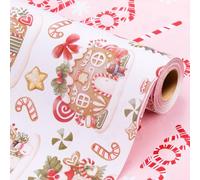 Wikadlik Gingerbread House Christmas Wrapping Paper - 43cm x 10m Mini Roll Cute Building and Candy Cane Pattern Girly Pink Gift Wrap Paper for Holiday Festive Celebration DIY Craft