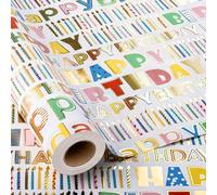 Wikadlik Gold Foil Happy Birthday Lettering Gift Wrap Paper Roll - 43cm x 10m
