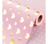 Wikadlik Gold Shine Cute Heart Wrapping Paper - Reversible Polka Dots Pink Gift Wrap Paper for Valentines Day, Wedding, Birthday, Bridal Shower - 43cm x 10m