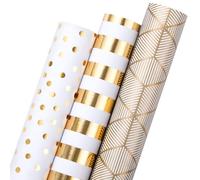 Wikadlik Gold White Birthday Wrapping Paper, 3 Mini Rolls Foil Gift Wrap Paper,Geometry/Stripes/Polka Dots Design - 43.5cm x 3m Per Roll