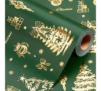 Wikadlik Green Christmas Wrapping Paper - 43cm x 10m Metallic Gold Shine Christmas Tree Bell Bow Design with Grid Cutting Lines Gift Wrap Paper
